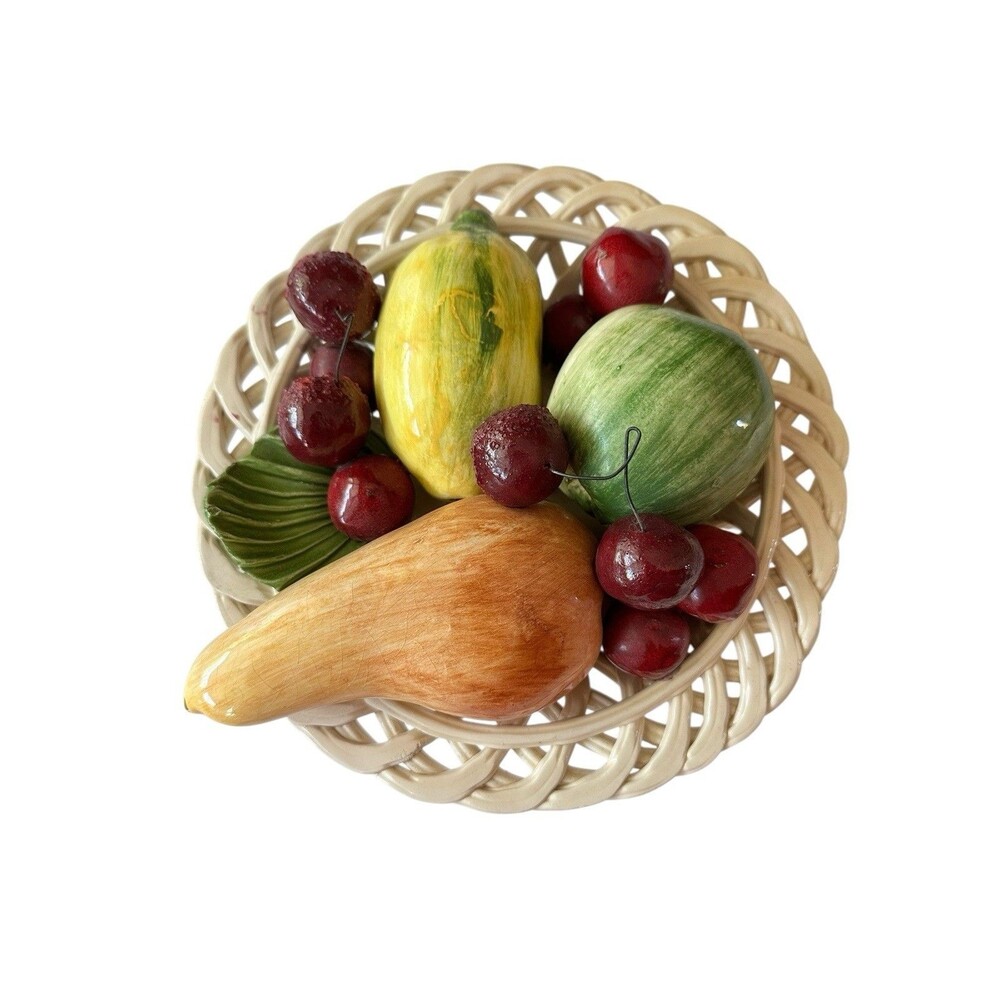 Majolica Style Ceramic Fruit & Cherries Wall Plaque Vintage Italian Kitchen Art